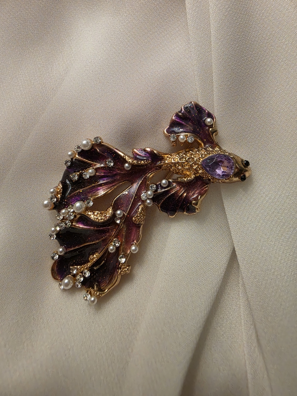 Vintage Style Purple Enamel Betta Fish Brooch Gold Tone Rhinestone Pearl Koi